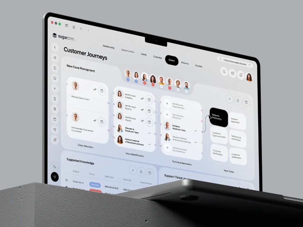 Custom CRM case-management dashboard on a laptop
